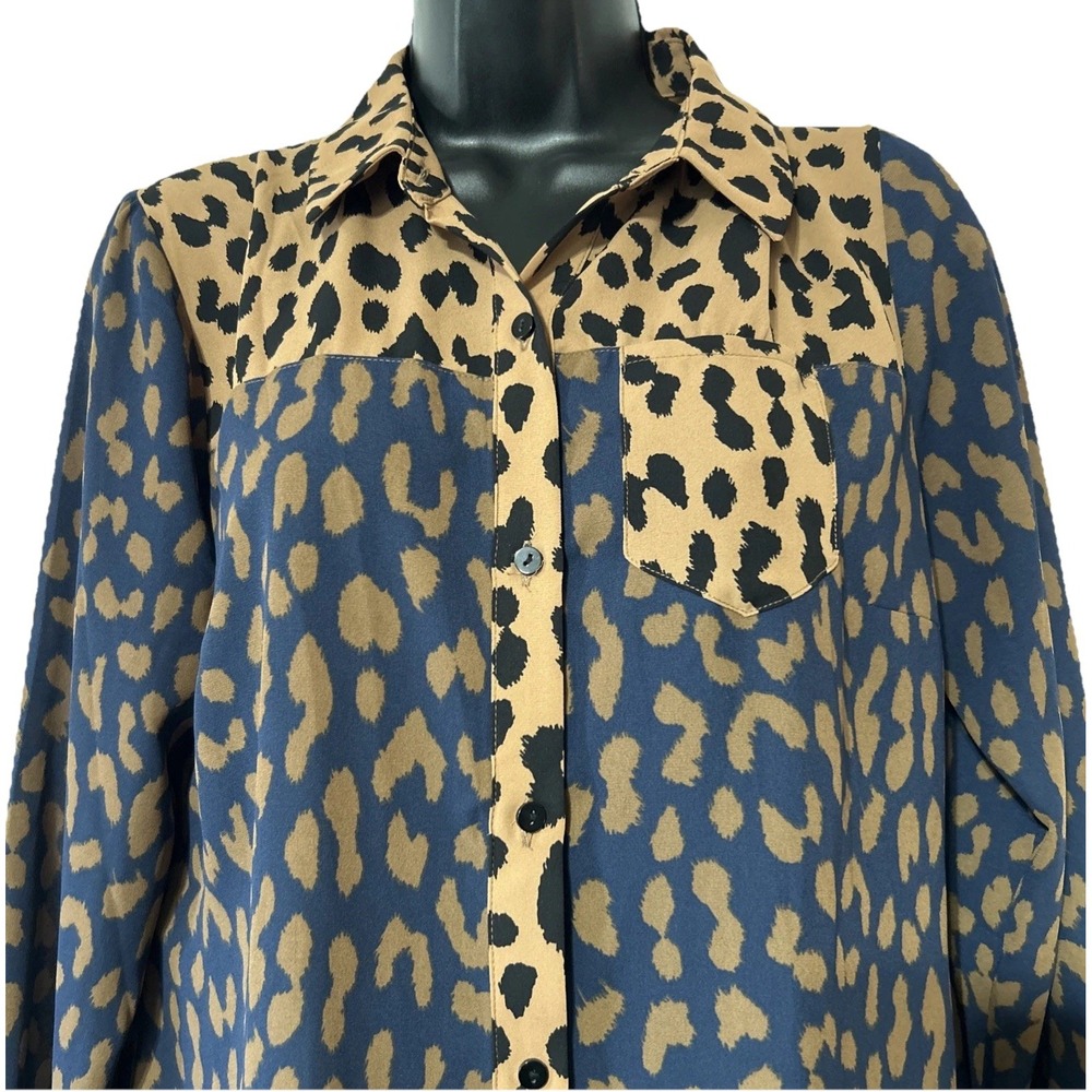 Venus Animal Print Leopard Blouse Blue Brown Black Button Up Wrinkle Resistant 8 - Picture 4 of 6